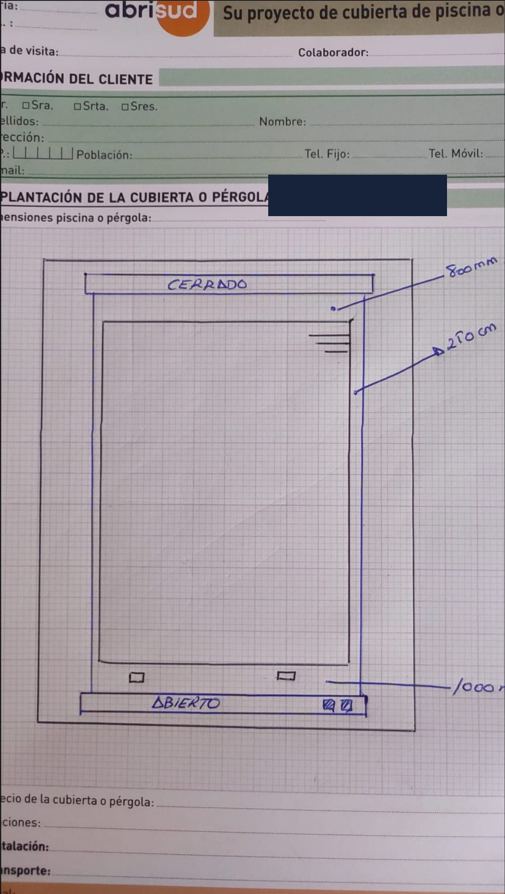 Abrisud's own measurement sheet: parallel alignment, 800 mm and 1000 mm clearances. Client name redacted by us.